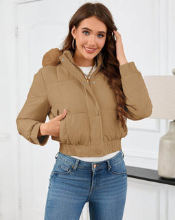 Women's Cropped Hooded Coat with Pockets