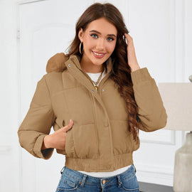 Women's Cropped Hooded Coat with Pockets