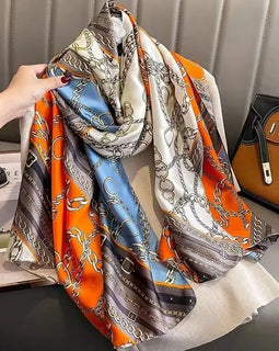 1 pcs 90x180cm New Silk Satin Scarf, Artistic Style, Retro Plant and Floral Print Shawl, Elegant and Light Luxury Gift for Mom