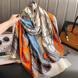 1 pcs 90x180cm New Silk Satin Scarf, Artistic Style, Retro Plant and Floral Print Shawl, Elegant and Light Luxury Gift for Mom